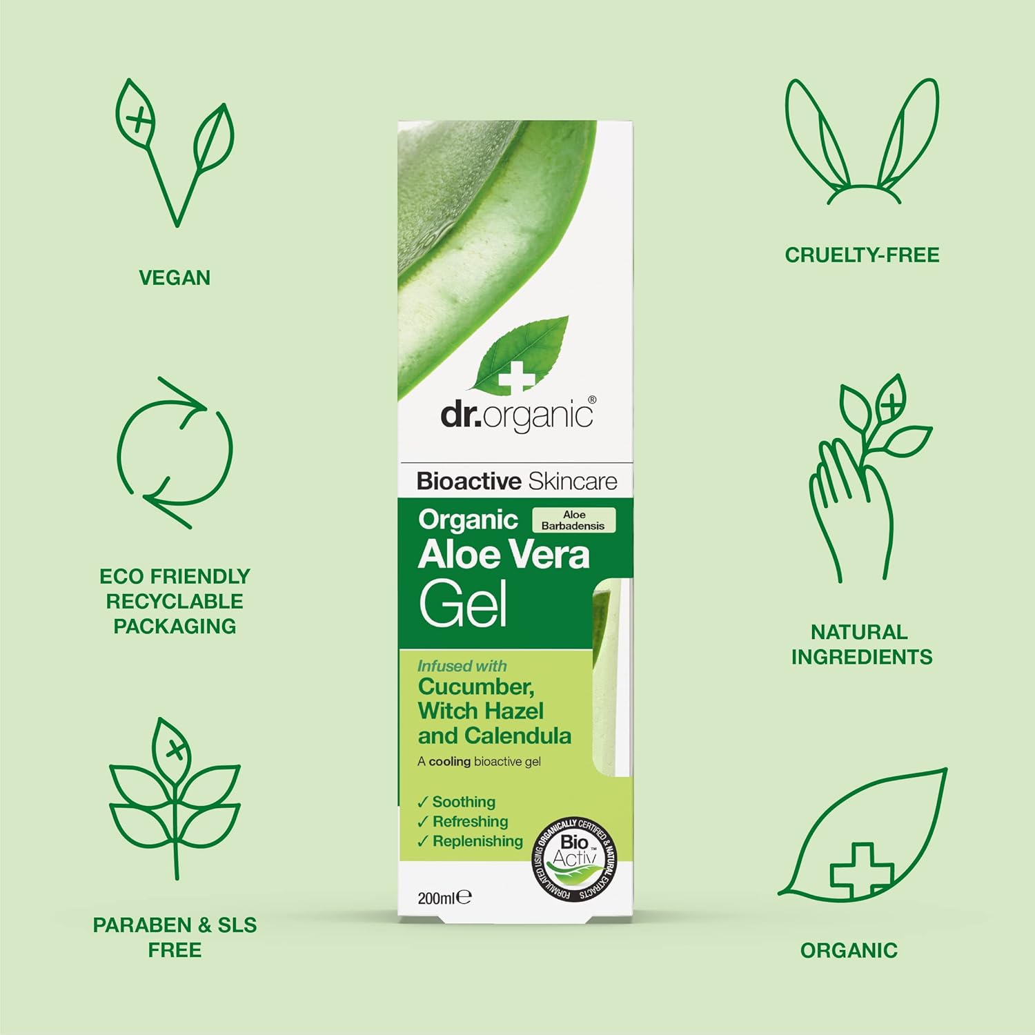 Dr Organic Organic Aloe Vera Gel With Cucumber And Witch Hazel 200ml