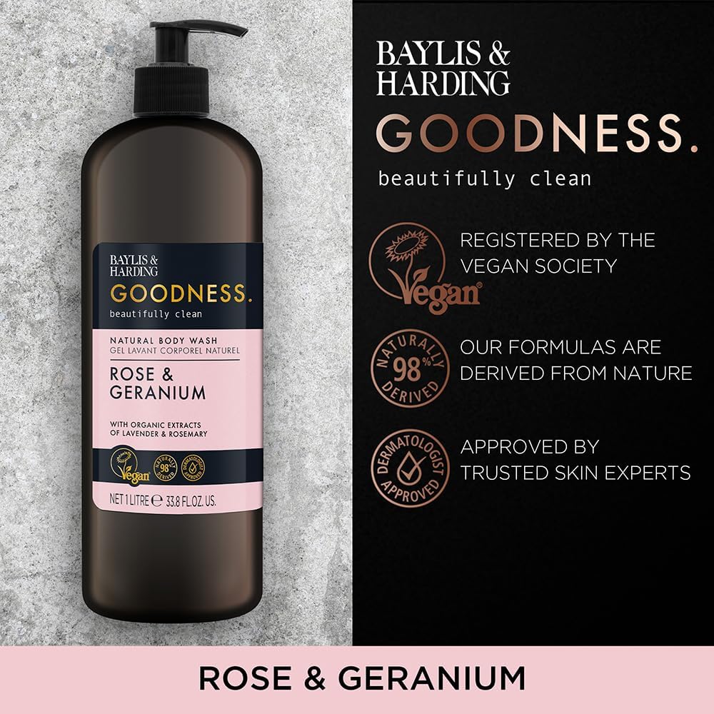 Baylis And Harding Goodness Rose And Geranium Natural Body Wash 500ml / 1L