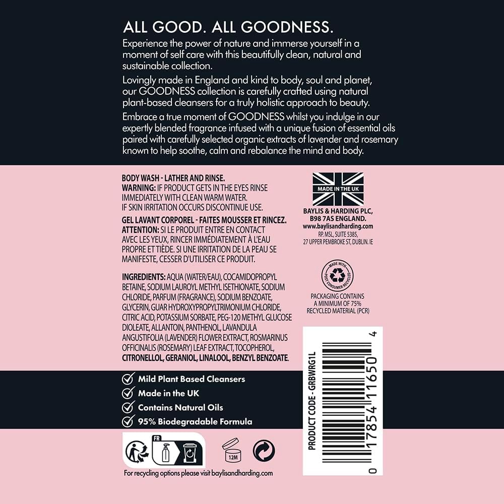 Baylis And Harding Goodness Rose And Geranium Natural Body Wash 500ml / 1L