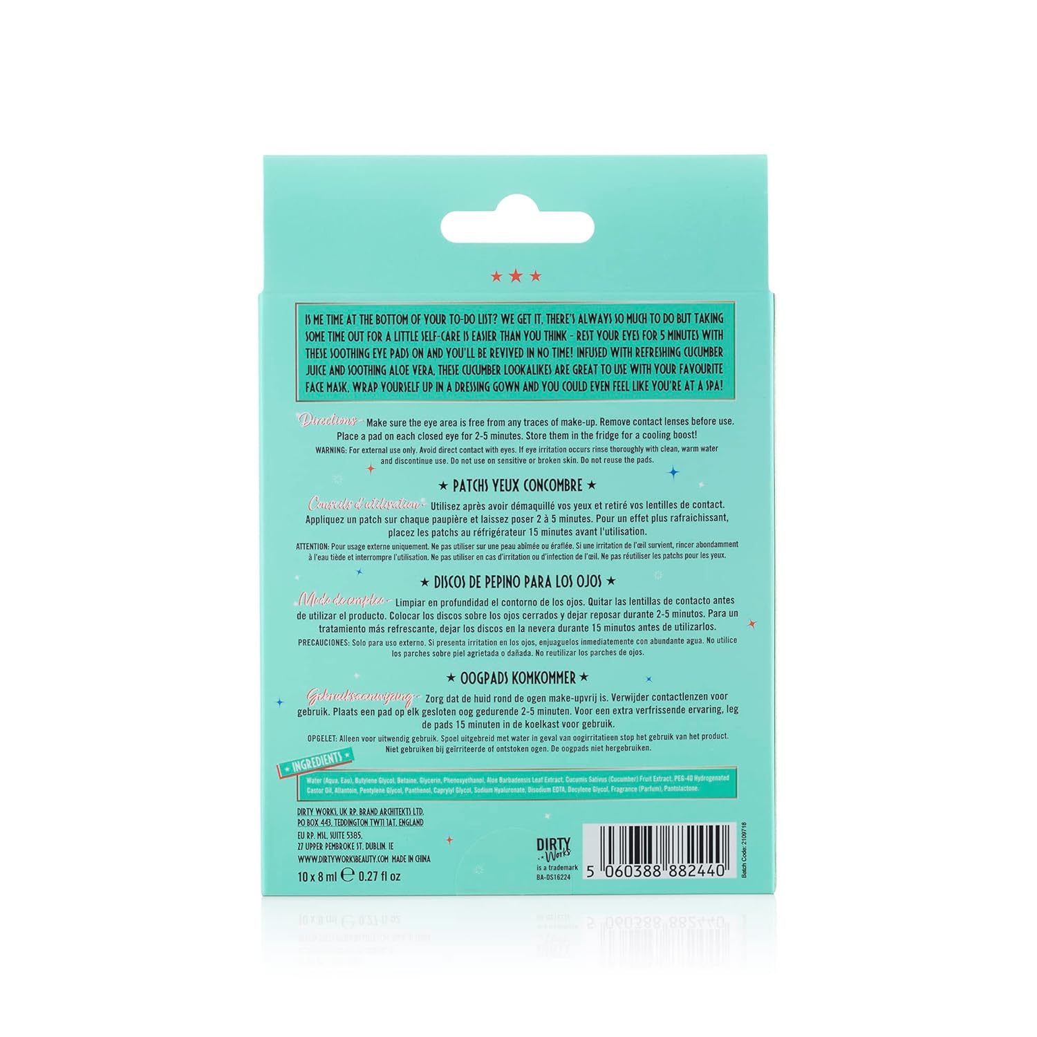 Dirty Works Easy On The Eyes Soothing Cucumber Eye Pads 10 x 5ml