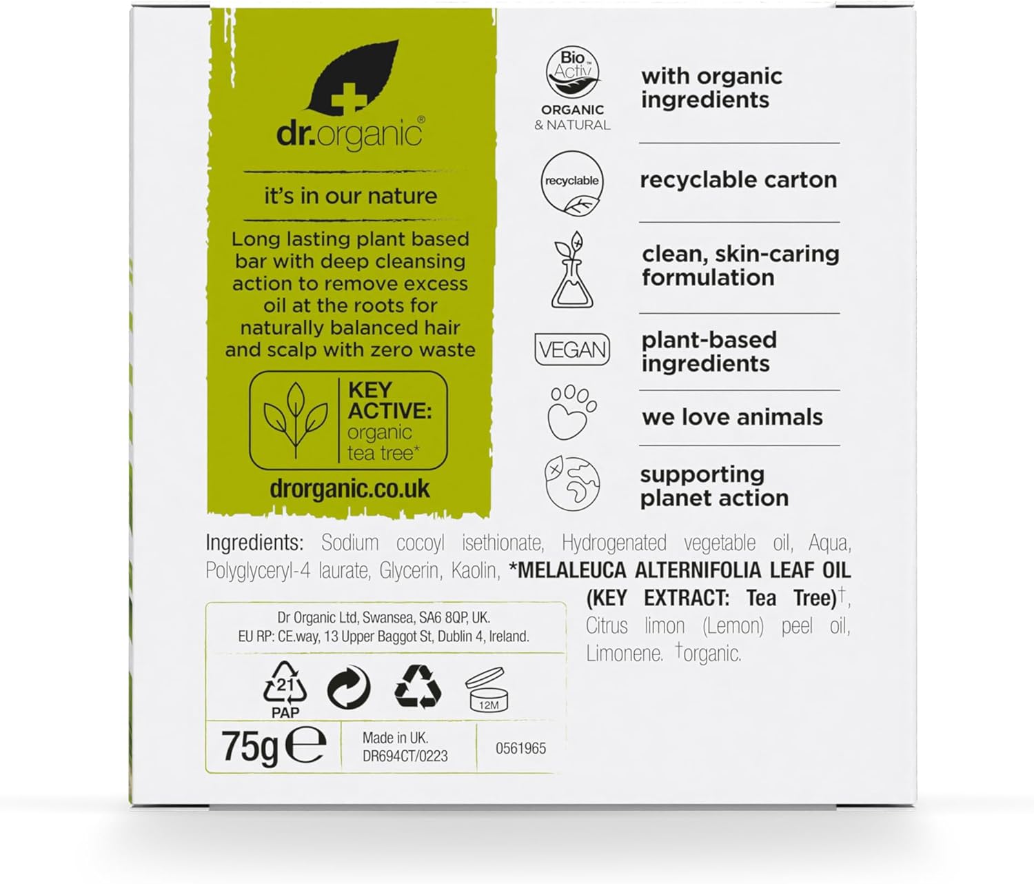 Dr Organic Tea Tree And Lemon Shampoo Bar 75g