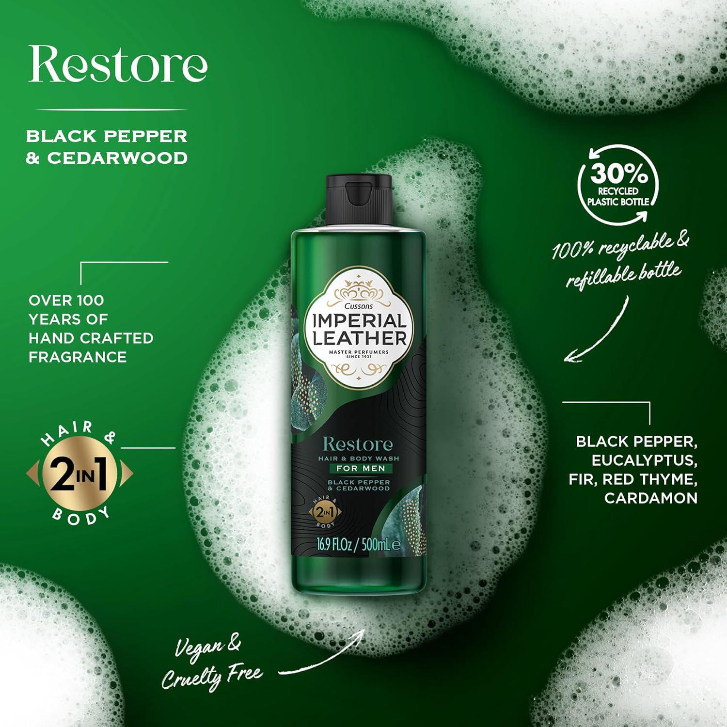 Imperial Leather 2In1 Men Restore Black Pepper & Cedarwood Hair & Body Wash 500ml
