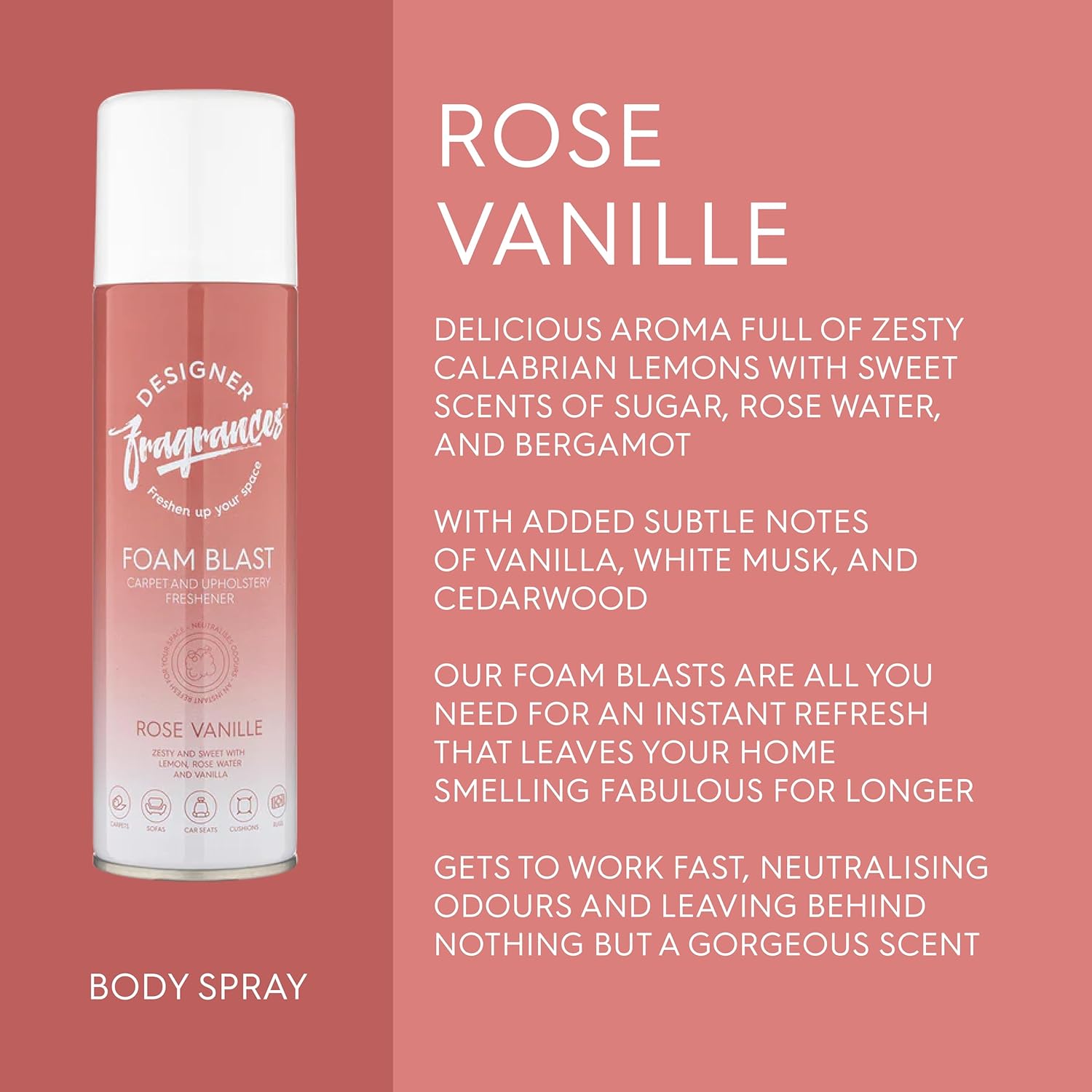 Designer Fragrances Foam Blast Carpet And Upholstery Freshener Rose Vanilla 300ml