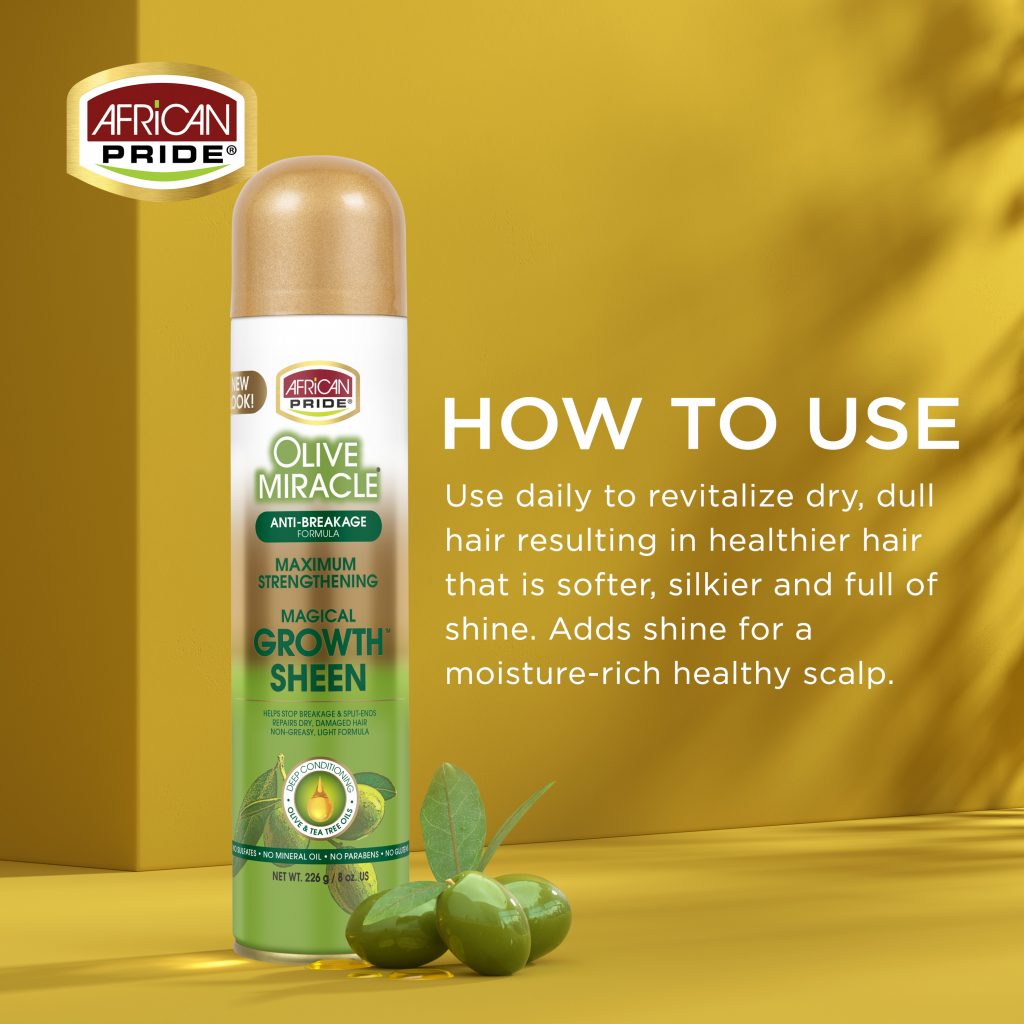 African Pride Olive Miracle Maximum Strengthening Growth Sheen Spray 226g - Afro Hair Boutique