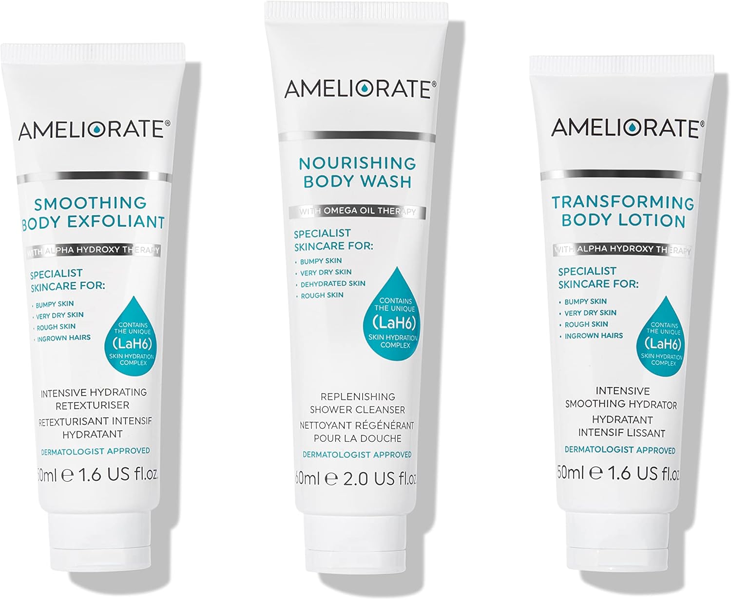 AMELIORATE 3 Steps To Smooth Skin Set Body Wash & Lotion with Body Exfoliant Kit
