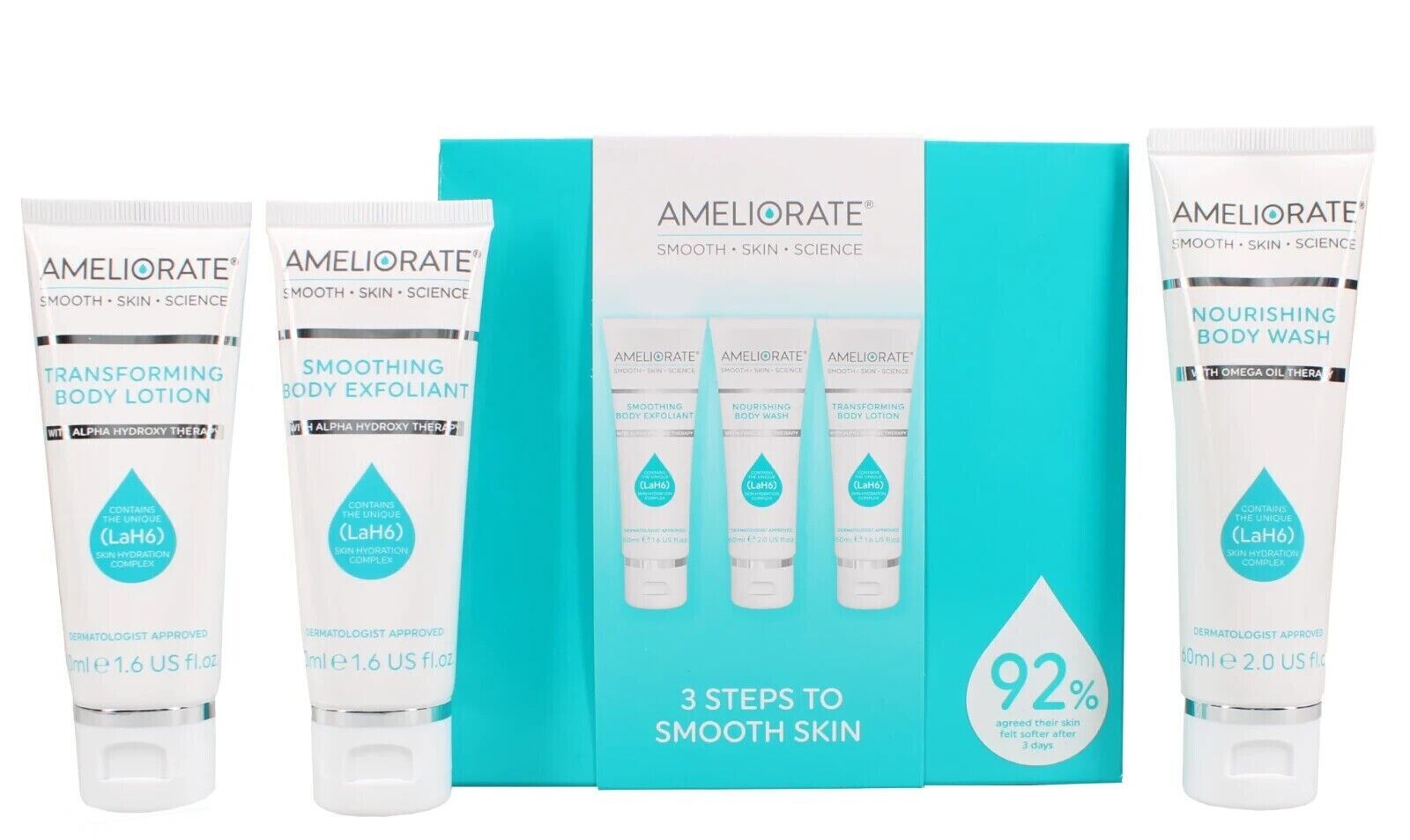 AMELIORATE 3 Steps To Smooth Skin Set Body Wash & Lotion with Body Exfoliant Kit