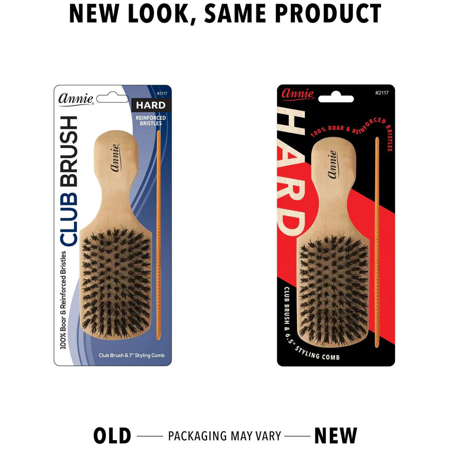 Annie Hard Wood Club Boar Bristle Brush With Comb 7In 2117