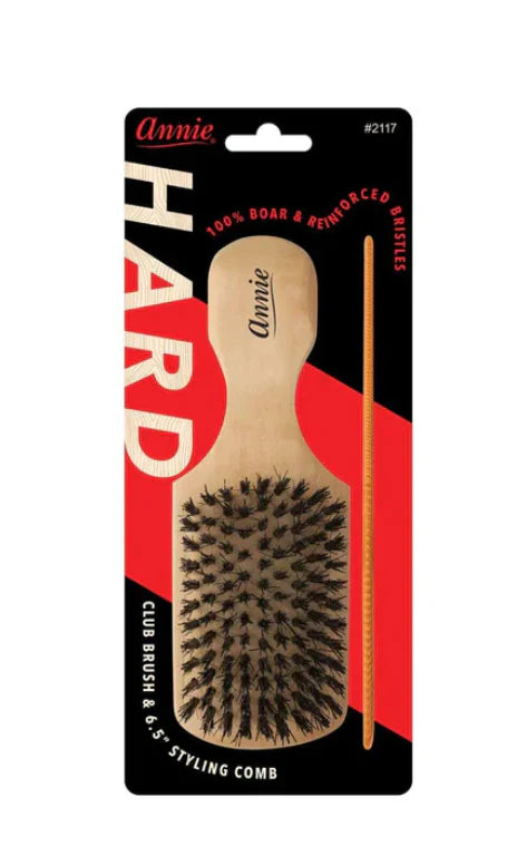 Annie Hard Wood Club Boar Bristle Brush With Comb 7In 2117