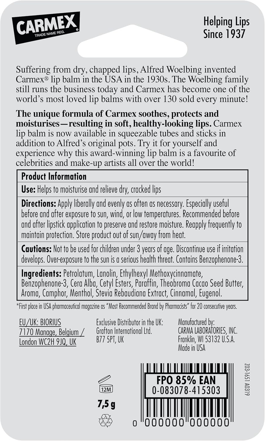 Carma Laboratories Carmex Moisturising Lip Balm Pot Cherry 7.5g