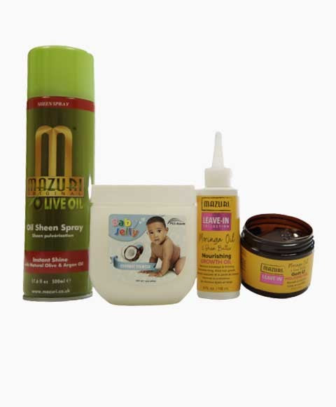 Mazuri Leave In Collection Hair Gel Growth Oil With Olive Oil Sheen Spray And Coconut B