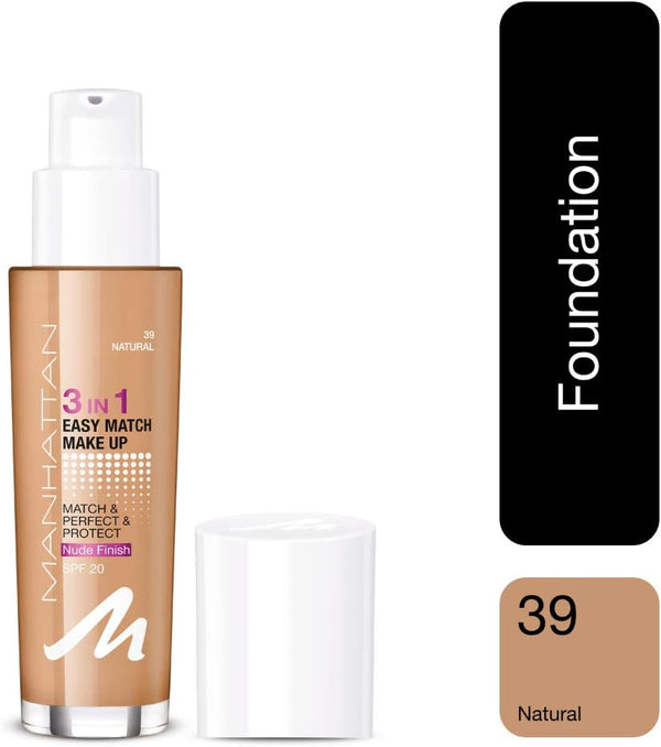 Manhattan 3In1 Easy Match Nude Finish Foundation 39 Natural Beige 30ml - Afro Hair Boutique
