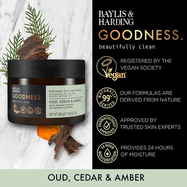 Baylis & Harding Goodness Oud Cedar & Amber Natural Oils Salt Scrub 450ml