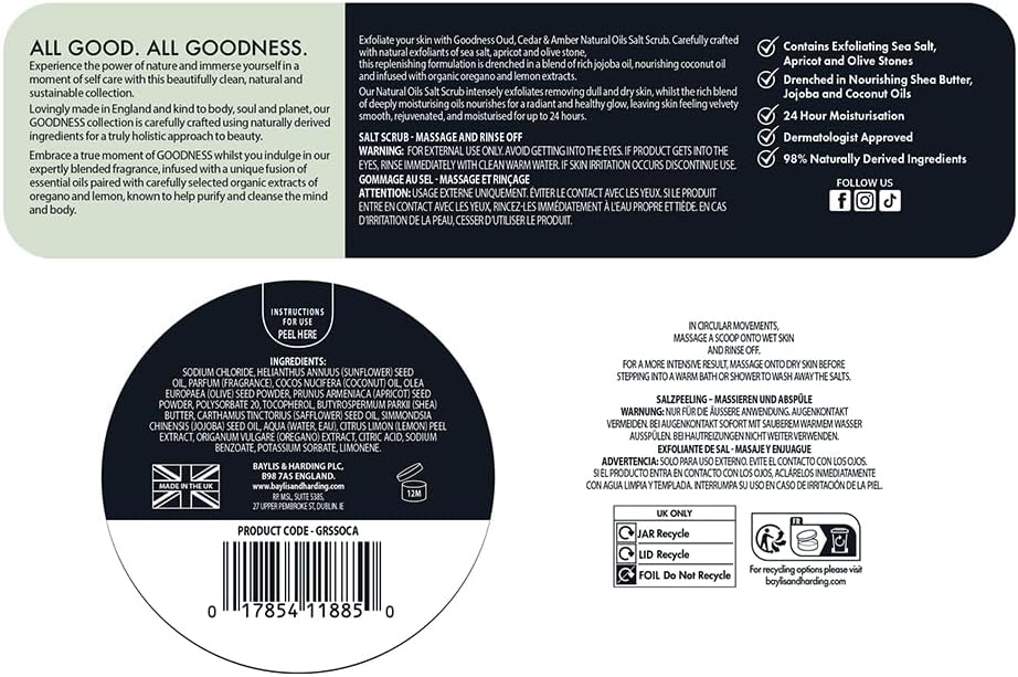 Baylis & Harding Goodness Oud Cedar & Amber Natural Oils Salt Scrub 450ml