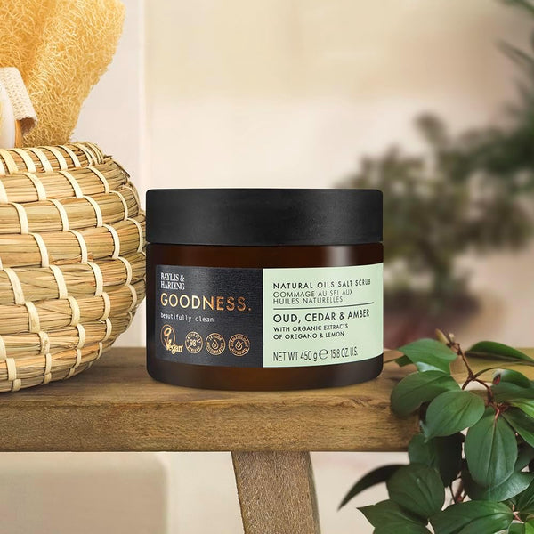 Baylis & Harding Goodness Oud Cedar & Amber Natural Oils Salt Scrub 450ml