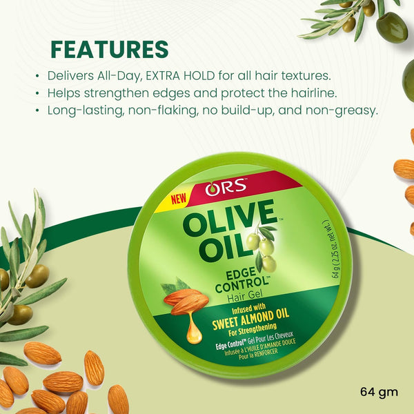 ORS Olive Oil With Sweet Almond Oil Extra Hold Edge Control Gel 64g - Afro Hair Boutique