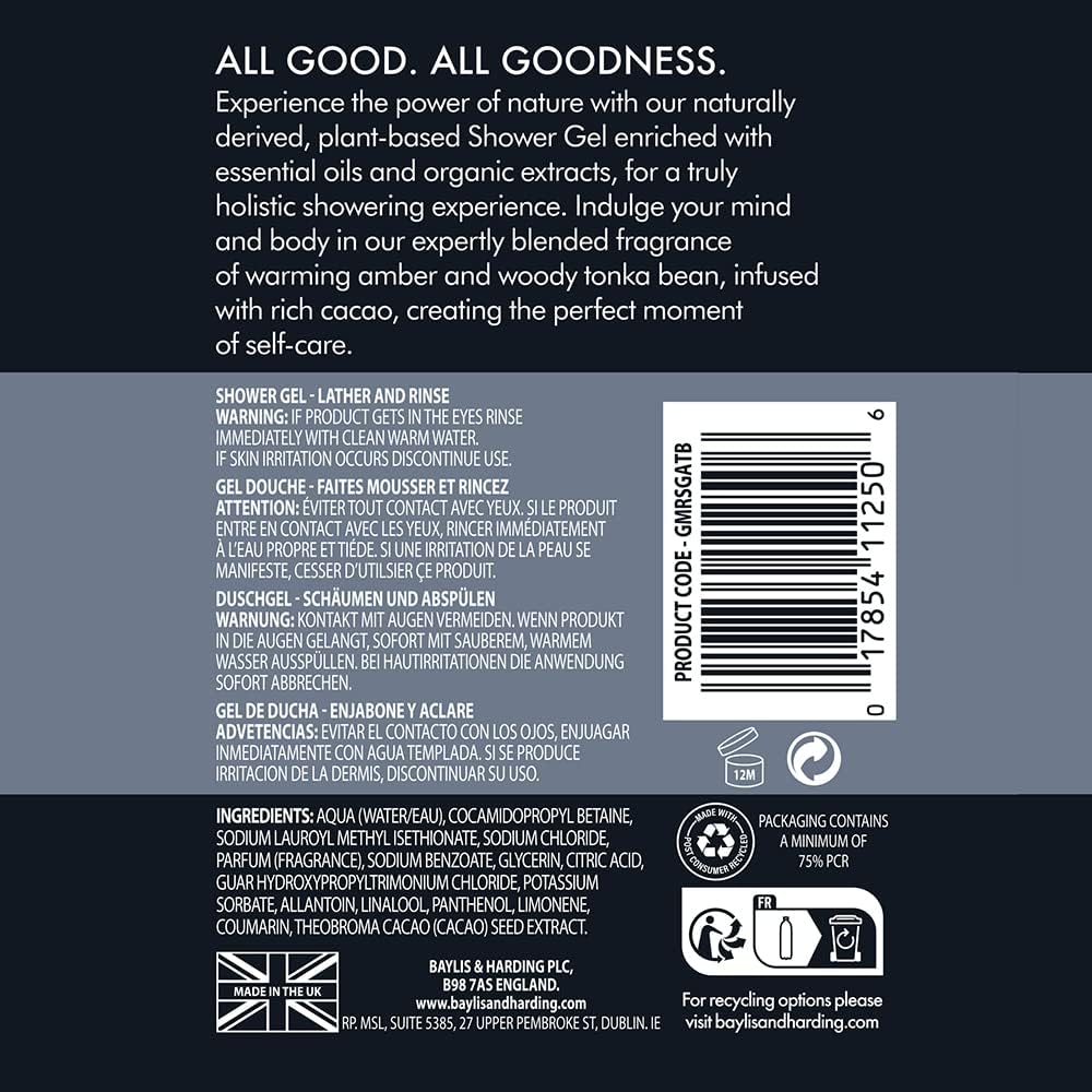 Baylis And Harding Goodness Men Amber And Tonka Bean Natural Shower Gel 500ml