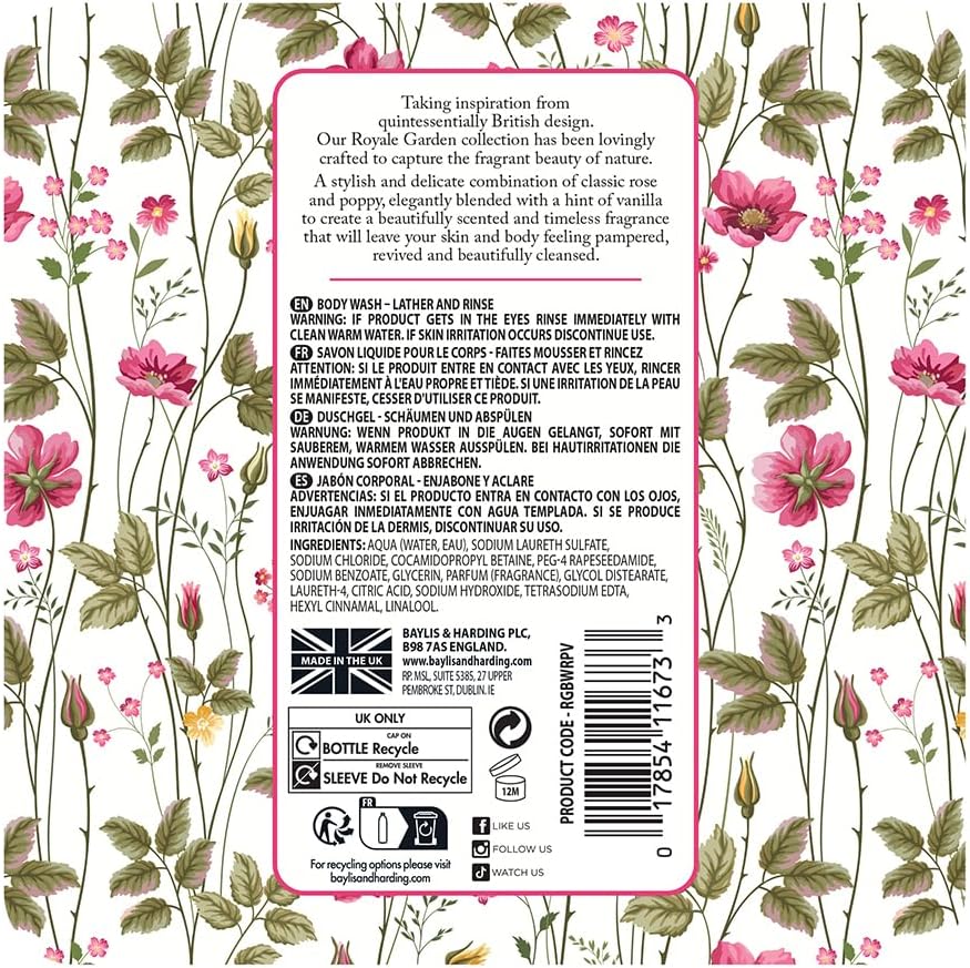 Baylis And Harding Royale Garden Rose Poppy And Vanilla Luxury Body Wash 500ml