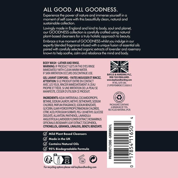 Baylis And Harding Goodness Rose And Geranium Natural Body Wash 500ml / 1L