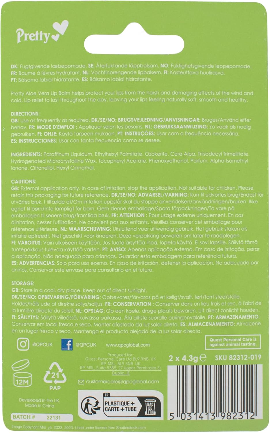 Quest Pretty Moisturising Lip Balm Aloe Vera 4.3g x2