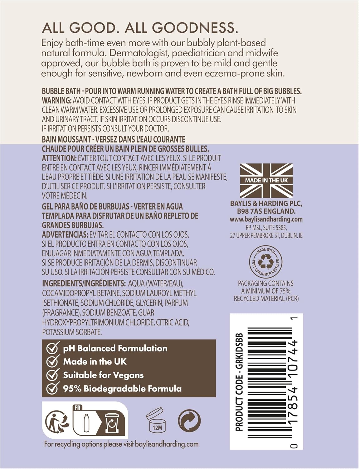 Baylis And Harding Goodness Kids Lavender And Vanilla Natural Bubble Bath 500ml