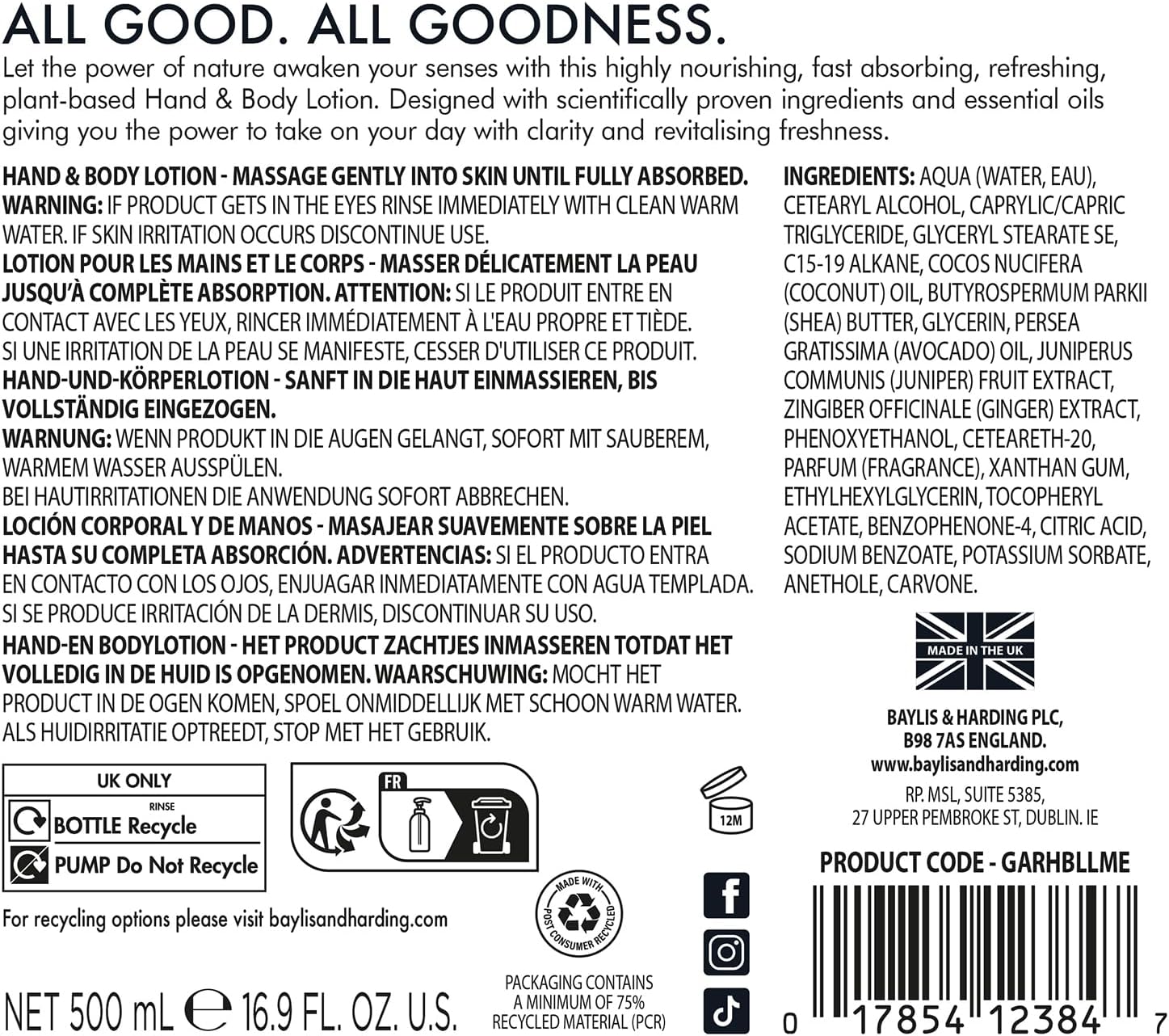 Baylis And Harding Goodness Lime Mint And Eucalyptus Natural Hand Body Lotion 500ml