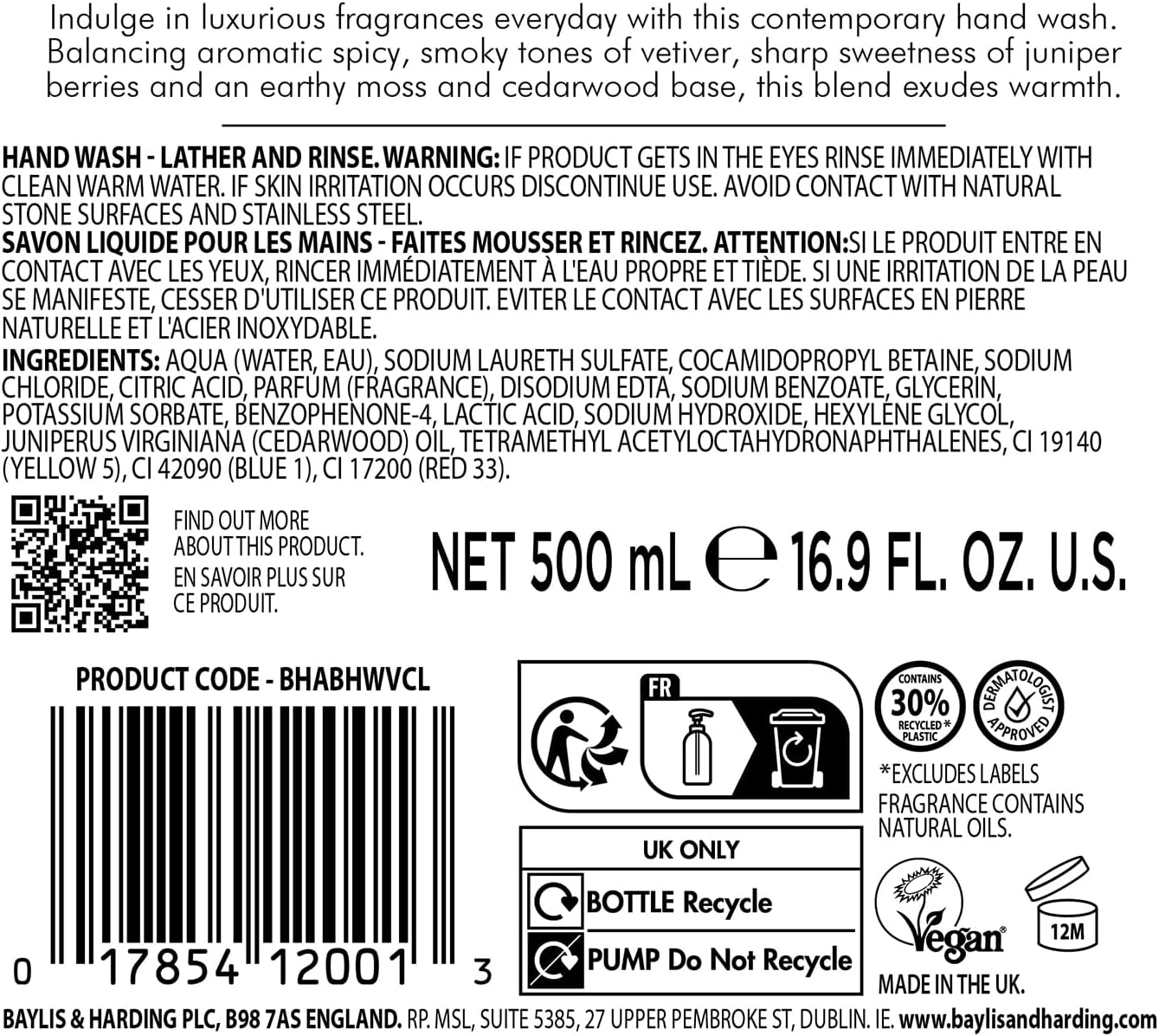 Baylis And Harding Vetiver Cedar And Lemongrass Luxury Hand Wash 500ml