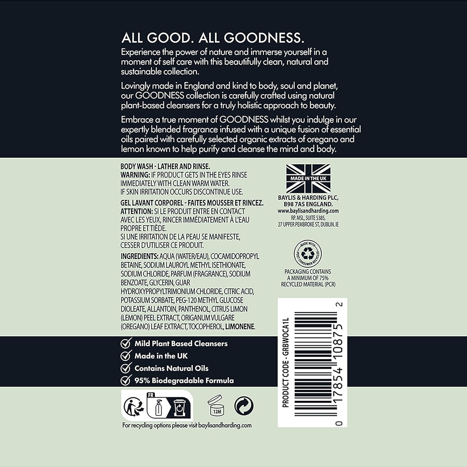 Baylis And Harding Goodness Oud Cedar And Amber Natural Body Wash 500ml / 1L