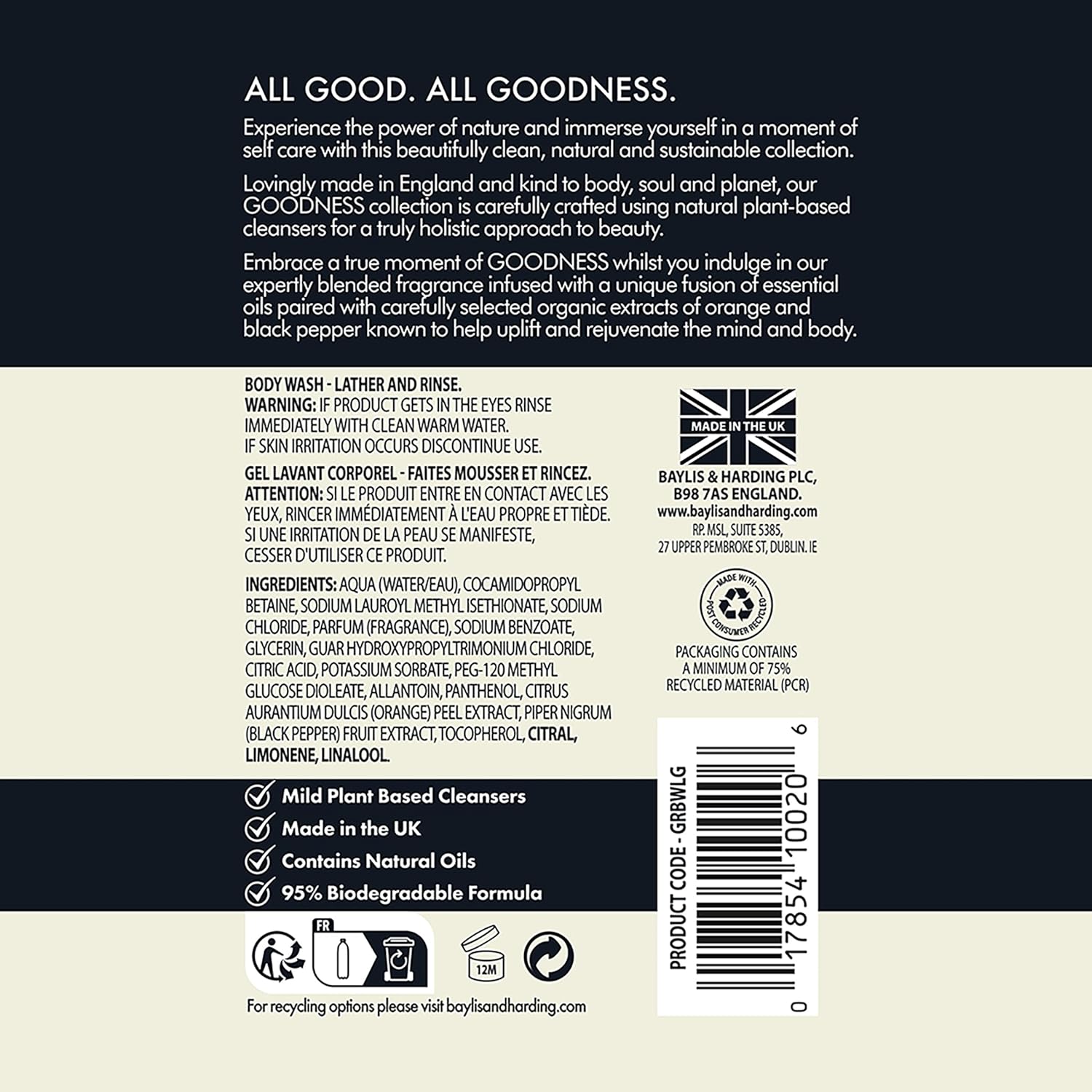 Baylis And Harding Goodness Lemongrass And Ginger Natural Body Wash 500ml