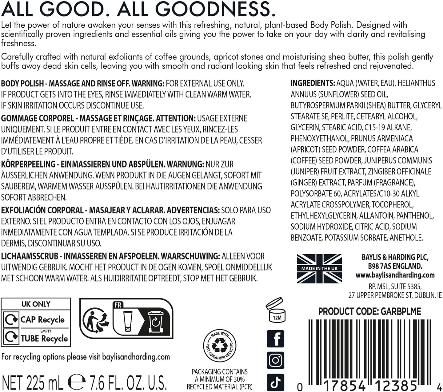 Baylis And Harding Goodness Lime Mint And Eucalyptus Natural Body Polish 225ml