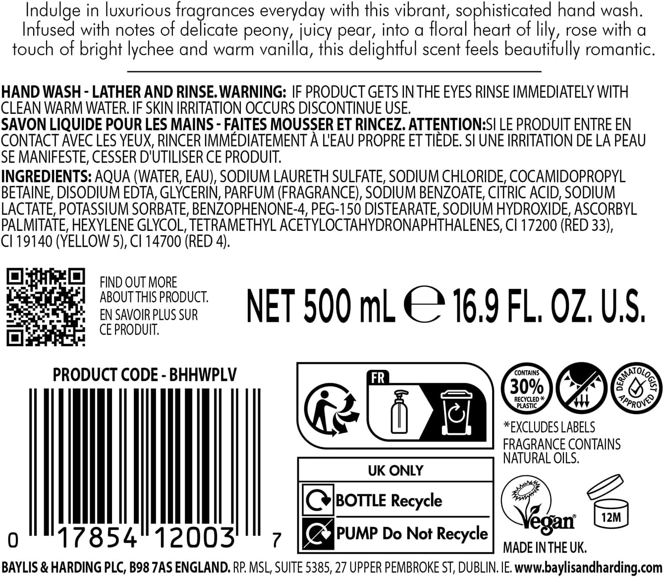 Baylis And Harding Peony Lychee And Vanilla Luxury Hand Wash 500ml