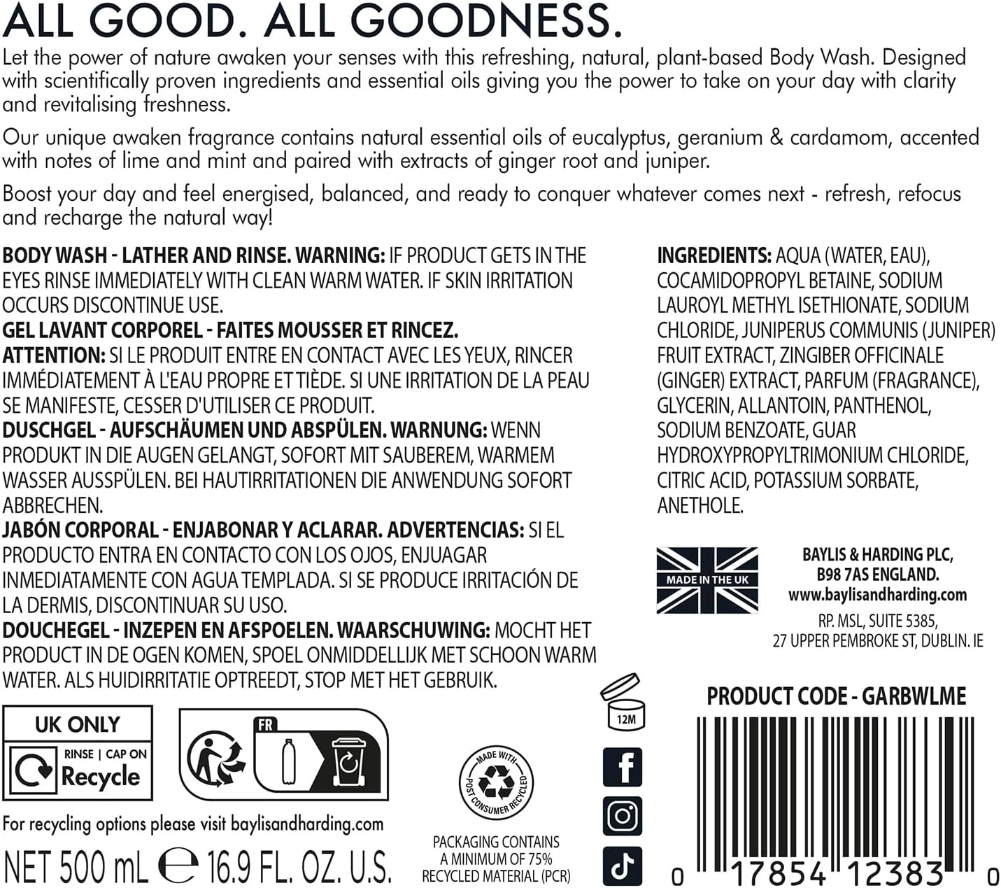 Baylis And Harding Goodness Lime Mint And Eucalyptus Natural Body Wash 500ml