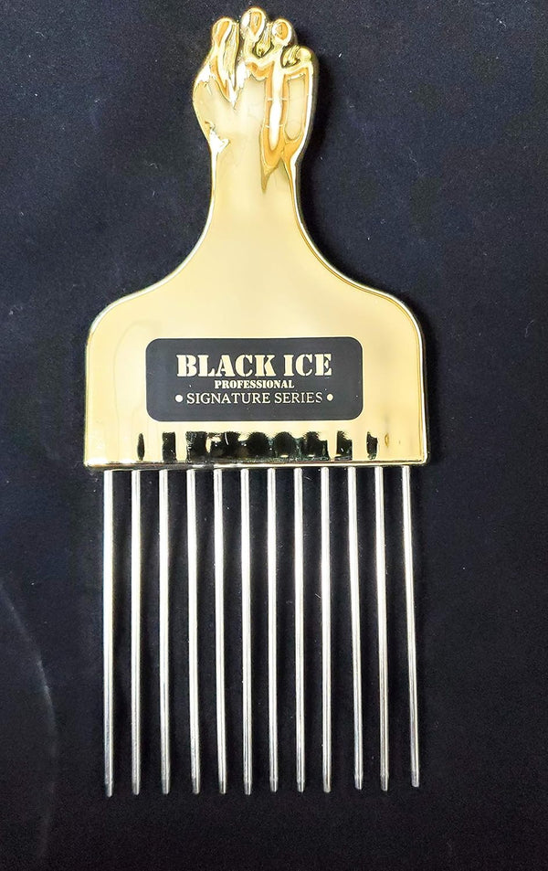 Bellissemo Black Ice Professional Gold Handle Metal Pick Comb BIC212 - Afro Hair Boutique