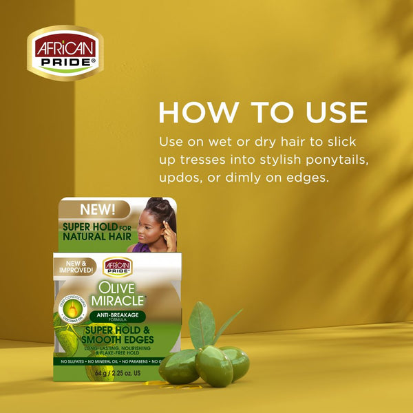 African Pride Olive Miracle Anti-Breakage Super Hold Smooth Edges Hair Gel 64g - Afro Hair Boutique