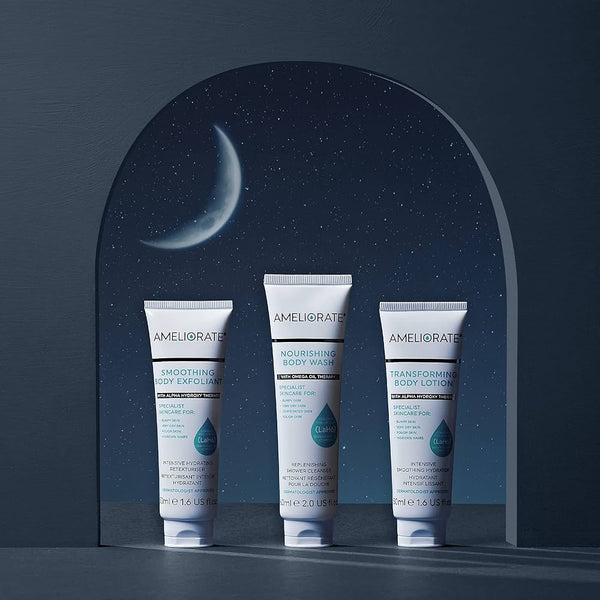 AMELIORATE 3 Steps To Smooth Skin Set Body Wash & Lotion with Body Exfoliant Kit