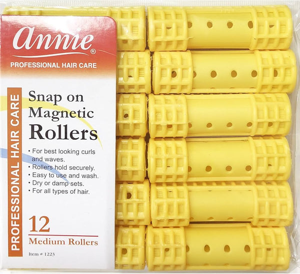 Annie Snap On Magnetic Rollers Size Medium 12 Count Yellow 1223 - Afro Hair Boutique