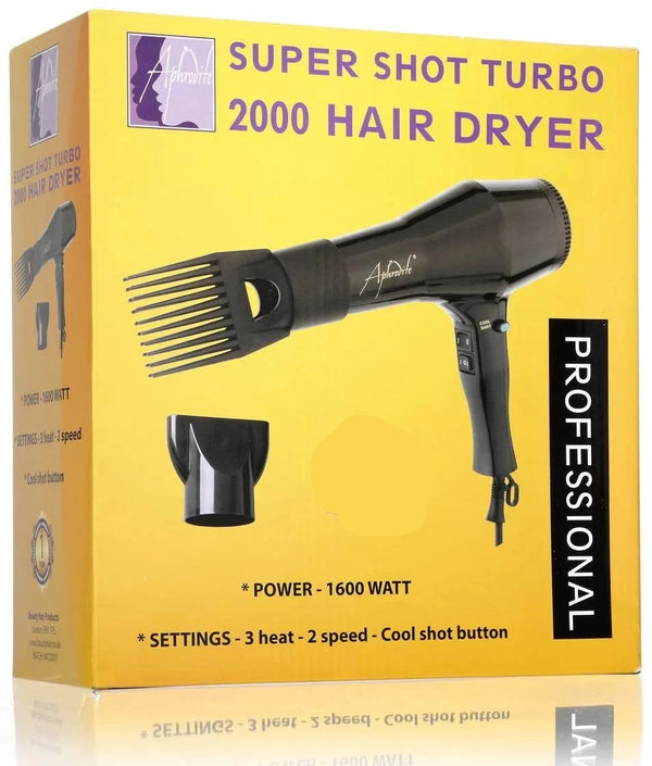 Aphrodite Professional Super Shot Hair Dryer Turbo 2000 with Dryer Pik Comb - Afro Hair Boutique