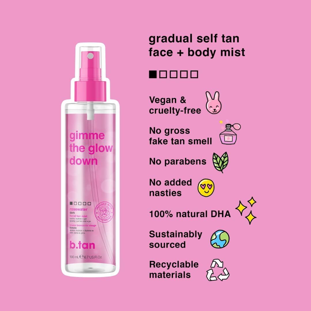 B Tan  Gimme The Glow Down Rosewater Facial Tan Mist