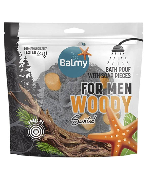 Balmy Naturel  Bath Pouf For Men With Woody Scented Soap Pieces