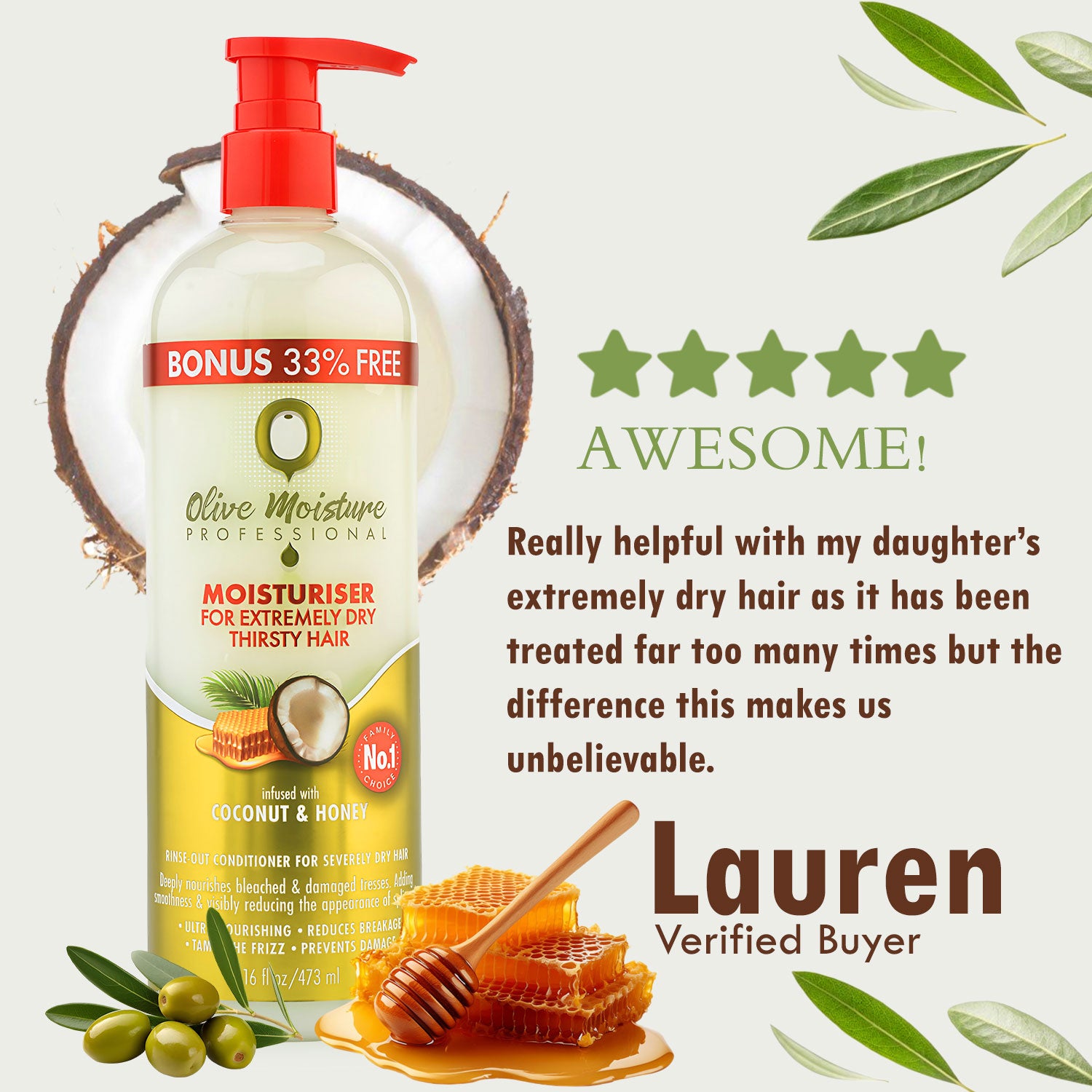 Olive Moisture Professional Moisturiser For Extremely Dry, Thirsty Hair - 473ml