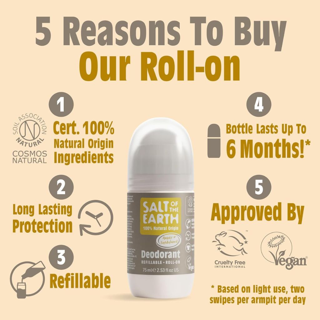 Salt Of The Earth  Natural Deodorant Roll On Amber And Sandalwood