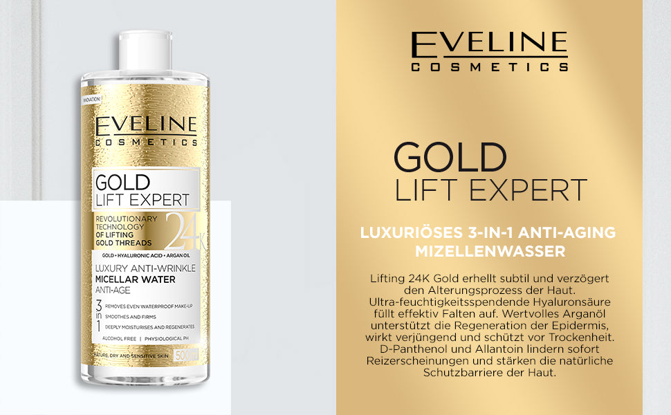Eveline Gold Lift Expert 3 In 1 Luxury Anti Wrinkle Micellar Water 500ml